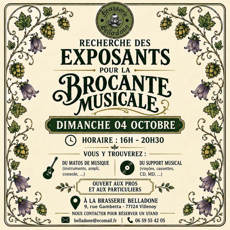 Affiche Brocante musicale de la Brasserie Belladone à Villenoy