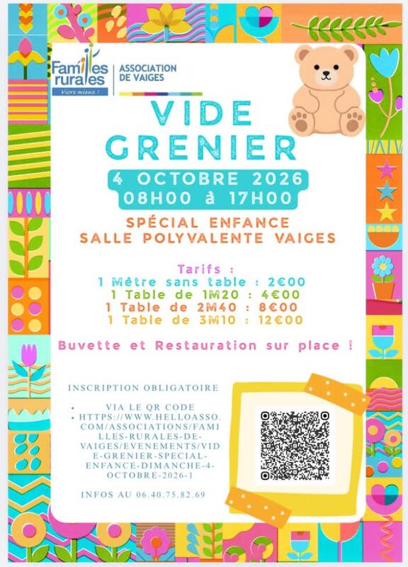 Affiche Vide-grenier spécial enfance de Familles rurales à Vaiges