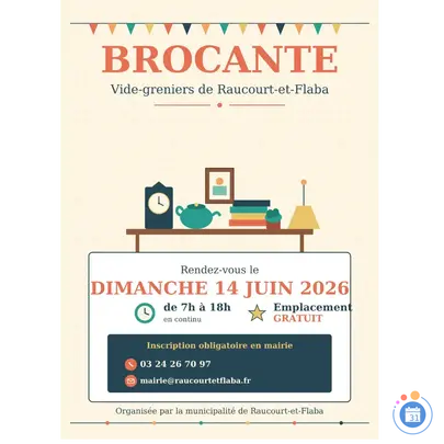 Affiche Brocante vide-greniers Raucourt-et-Flaba dimanche 14 juin 2026 (08450)