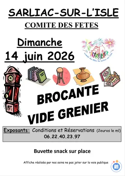 Affiche Brocante vide-grenier Sarliac-sur-l'Isle dimanche 14 juin 2026 (24420)