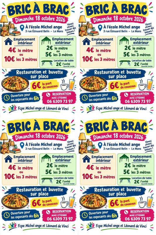 Affiche Bric à brac de la FCPE Michel Ange au Mans