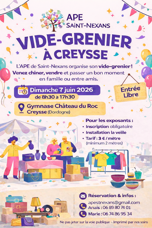 Affiche Vide-grenier APE Saint-Nexans - Gymnase Château du Roc - Creysse - Dordogne