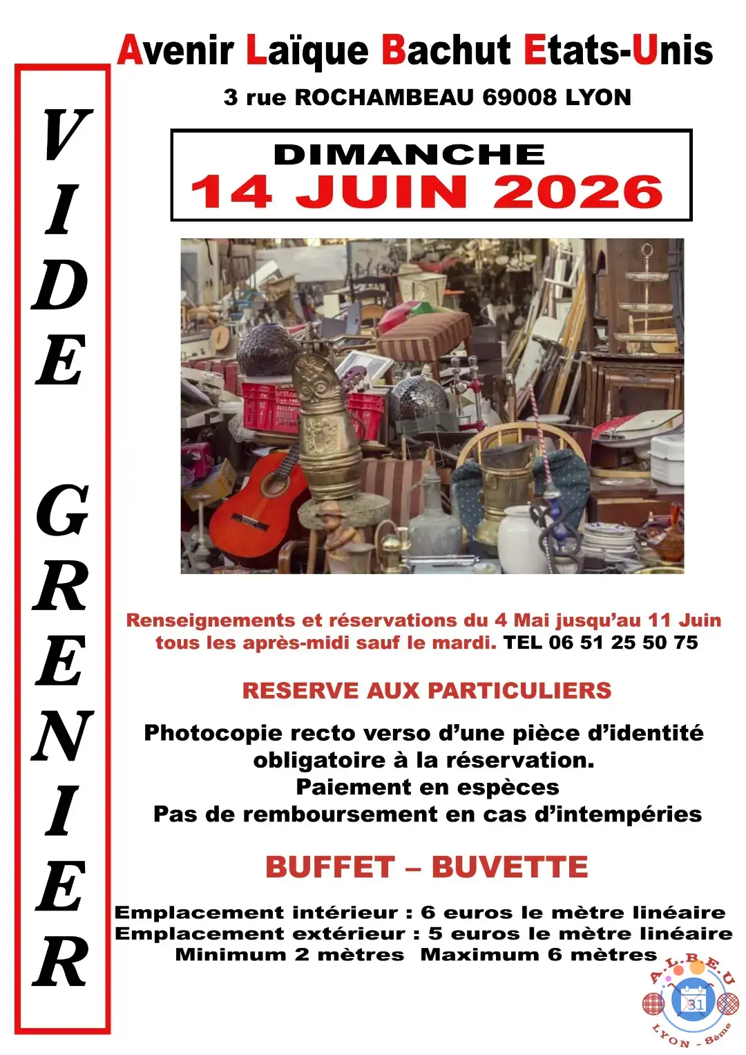 Affiche Vide-grenier ALBEU - Avenir Laïque Bachut États-Unis - Lyon 8e