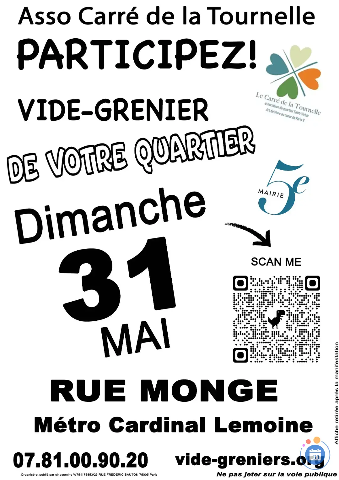 Affiche Vide-grenier du Carré de la Tournelle - Rue Monge