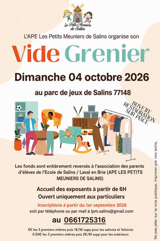Affiche Vide-grenier de l'APE Les Petits Meuniers de Salins