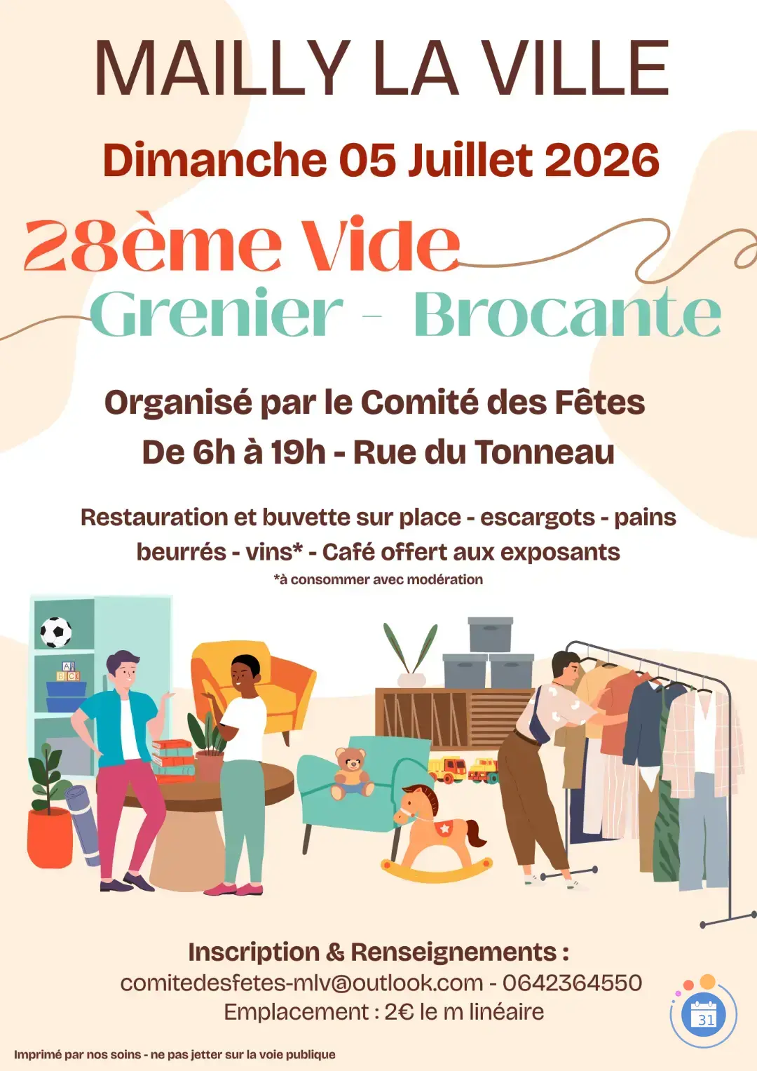 Affiche Vide-Grenier et Brocante - Comité des Fêtes - Mailly-la-Ville - Yonne