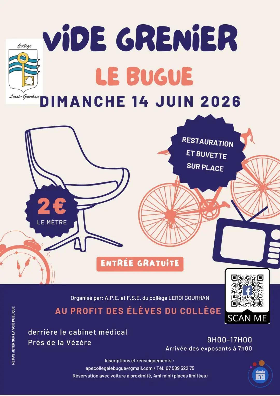 Affiche Vide-grenier Collège Leroi-Gourhan - Le Bugue - Dordogne