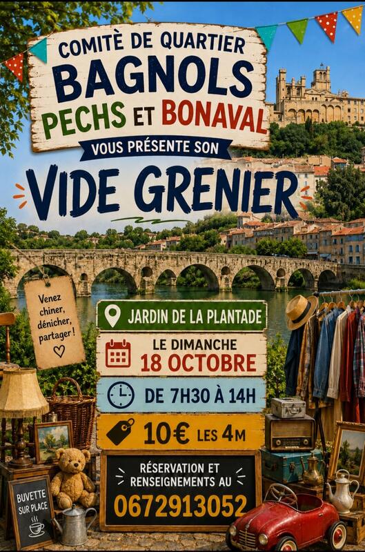 Affiche Vide-grenier du Comité de quartier Bagnols, Pechs et Bonaval à Béziers