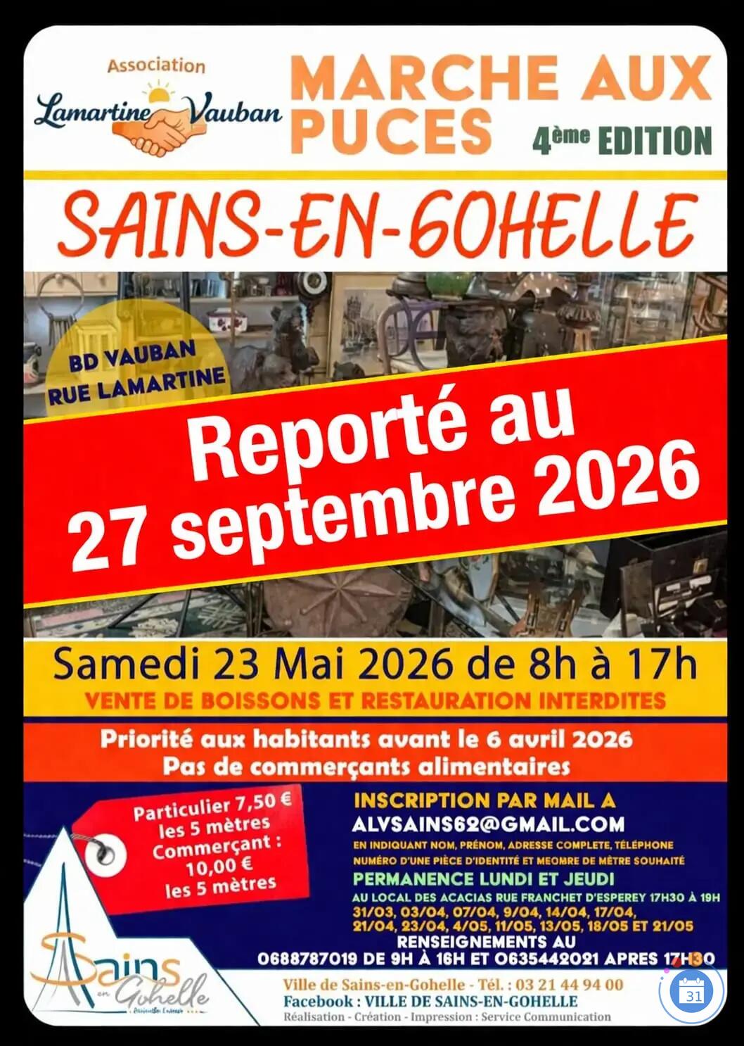 Affiche 4e Marché aux Puces Sains-en-Gohelle dimanche 27 septembre 2026 (62)