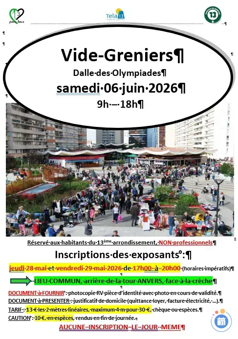 Affiche Vide-greniers Dalle des Olympiades - Paris 13e