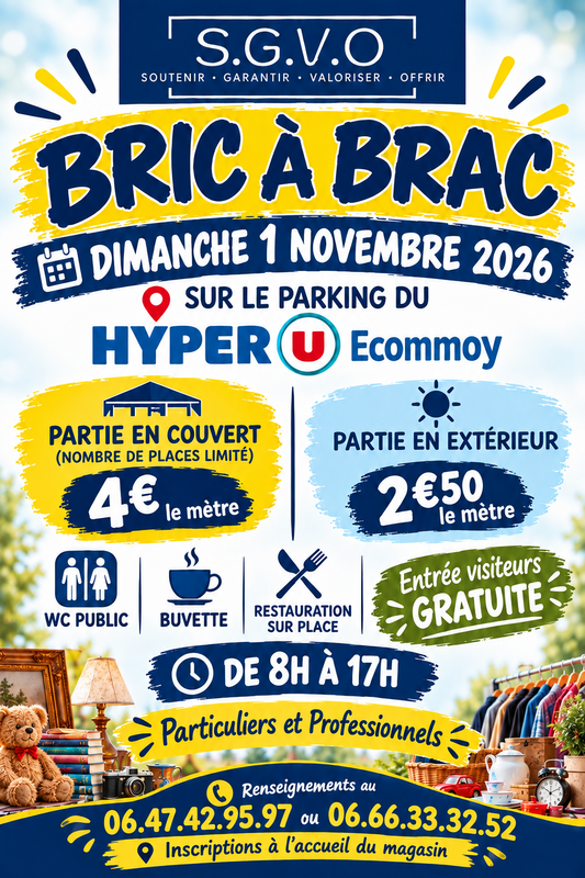 Affiche Bric à brac du S.G.V.O au parking Hyper U d'Écommoy