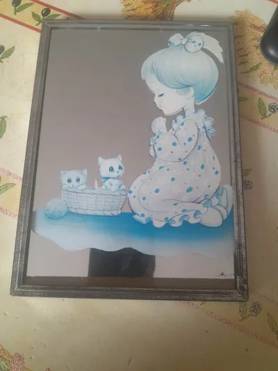 Ancien Cadre Miroir Petite fille avec chatons - Arts de la Table - Saint-Satur (18300)