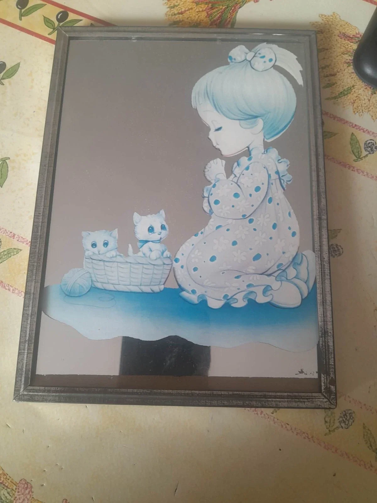 Ancien Cadre Miroir Petite fille avec chatons - Arts de la Table - Saint-Satur (18300)