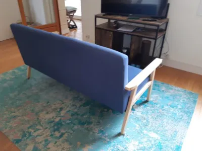 Canapé bleu, bois et tissu - photo 3