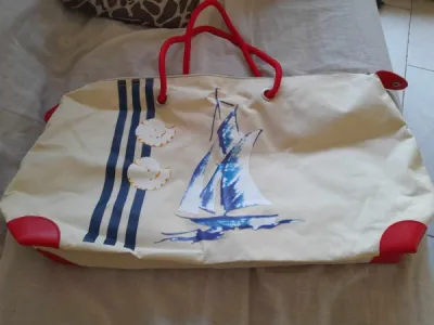 Sac de plage / sac cabas beige avec voilier - photo 3