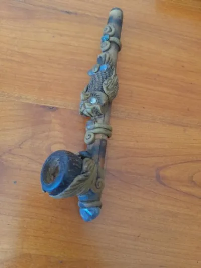 Pipe artisanale ethnique chouette en bambou - photo 2