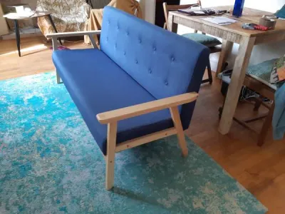 Canapé bleu, bois et tissu - photo 2