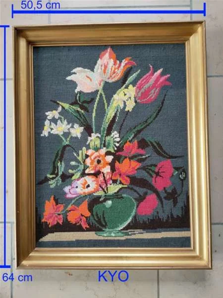 Tableau tissé bouquet fleurs broderie point croix - Décoration - Foncine-le-Haut (39460)